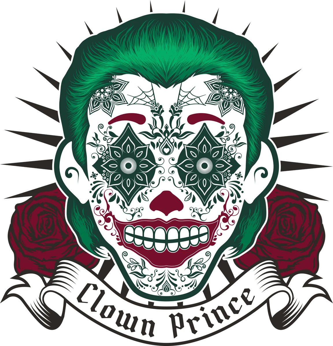 Clown prince sugar skull illustration with a wide grin